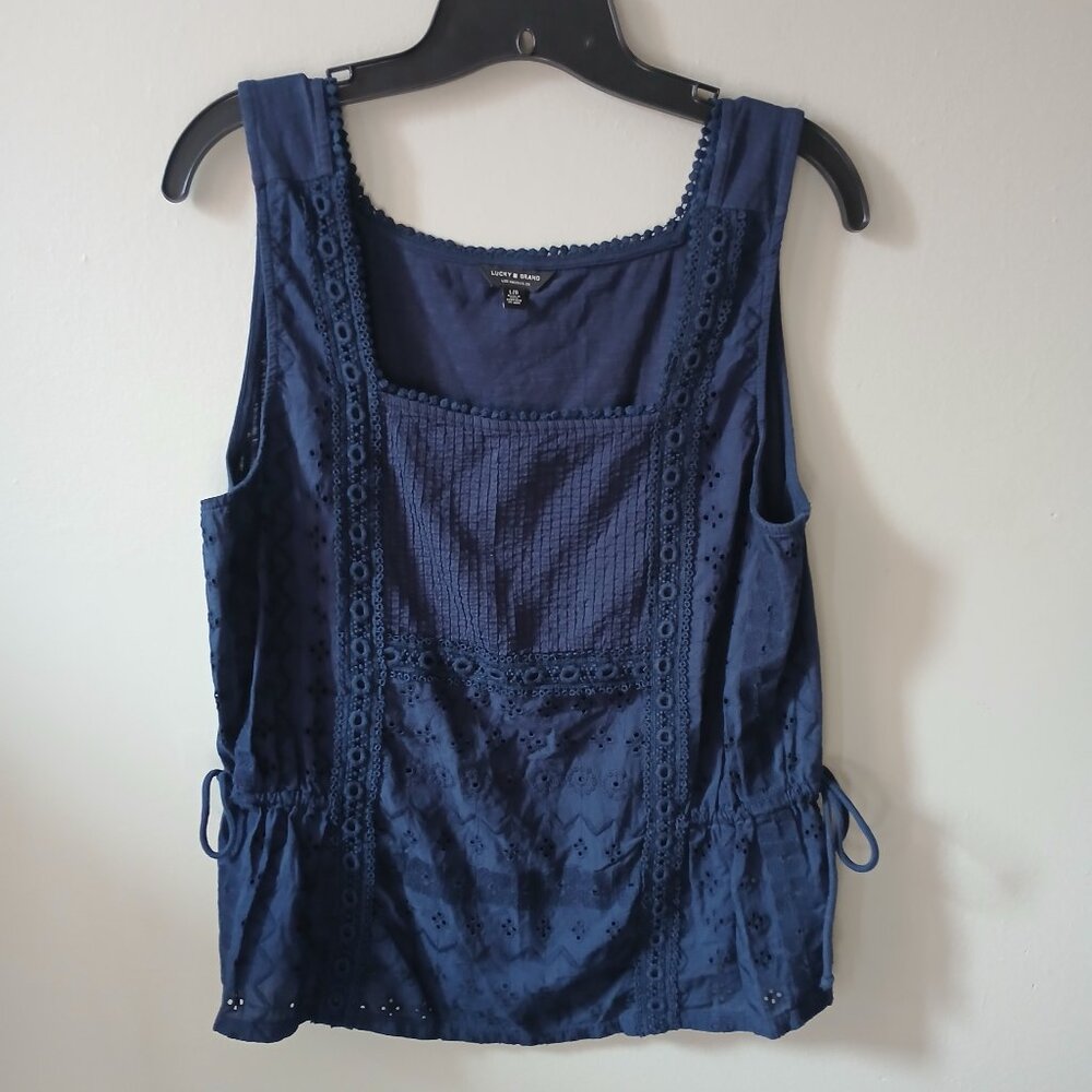 Lucky Brand Women's Navy-Blue Eyelet Detail Sleeveless Size Large